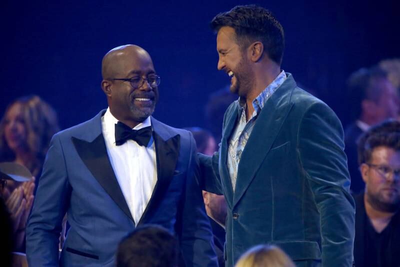 NASHVILLE, TENNESSEE - NOVEMBER 10: Darius Rucker and Luke Bryan during the 55th annual Country Music Association awards at the Bridgestone Arena on November 10, 2021 in Nashville, Tennessee. (Photo by Terry Wyatt/Getty Images)