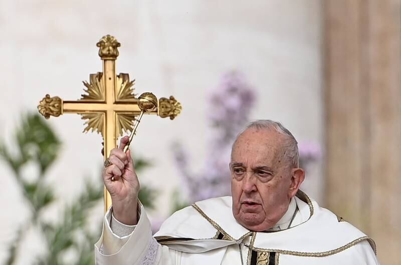VATICAN CITY, VATICAN - MARCH 31: Pope Francis celebrates the Easter Sunday Mass at St. Peter's Square, in Vatican City, Vatican, on March 31, 2024. Easter is a Christian festivity which celebrates the resurrection of Jesus on the third day of his death by crucifixion. (Photo by Isabella Bonotto/Anadolu via Getty Images)