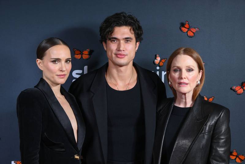 LONDON, ENGLAND - DECEMBER 06: (L-R) Natalie Portman, Charles Melton and Julianne Moore attend the screening of "May December" at The Curzon Bloomsbury on December 06, 2023 in London, England. (Photo by Joe Maher/Getty Images)