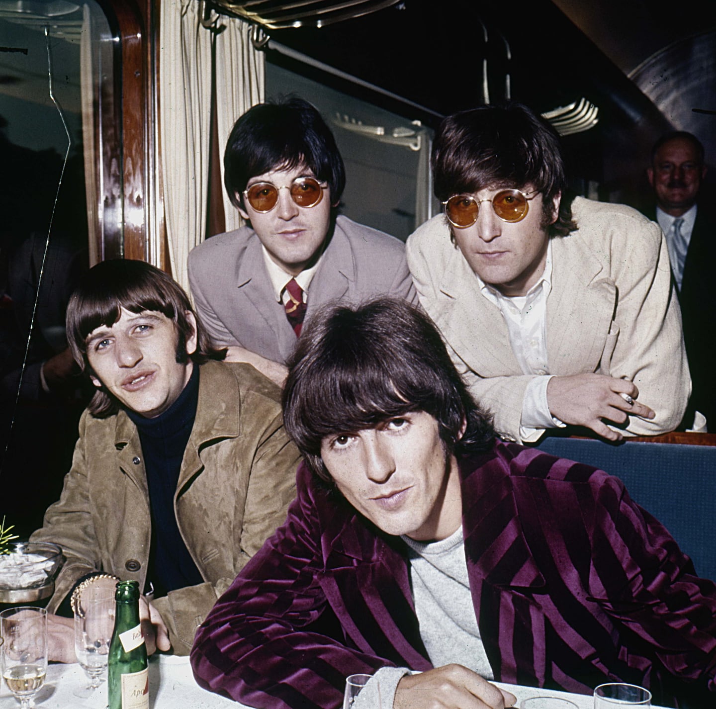 UNSPECIFIED - CIRCA 1966:  The Beatles, English music group Pop (1962-1970). Standing : Paul MacCartney and John Lennon (1940-1980). Seat : Ringo Starr and George Harrison (1943-2000). August 1966.  (Photo by Roger Viollet Collection/Getty Images)