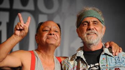 Comedians Cheech Marin and Tommy Chong announce their first comedy tour in more than 25 years at a press conference in West Hollywood, California on July 30 2008. The comedian duo, known as Cheech & Chong, have eight hit films including the most famous "Up In Smoke." AFP PHOTO / Robyn Beck (Photo credit should read ROBYN BECK/AFP/Getty Images)