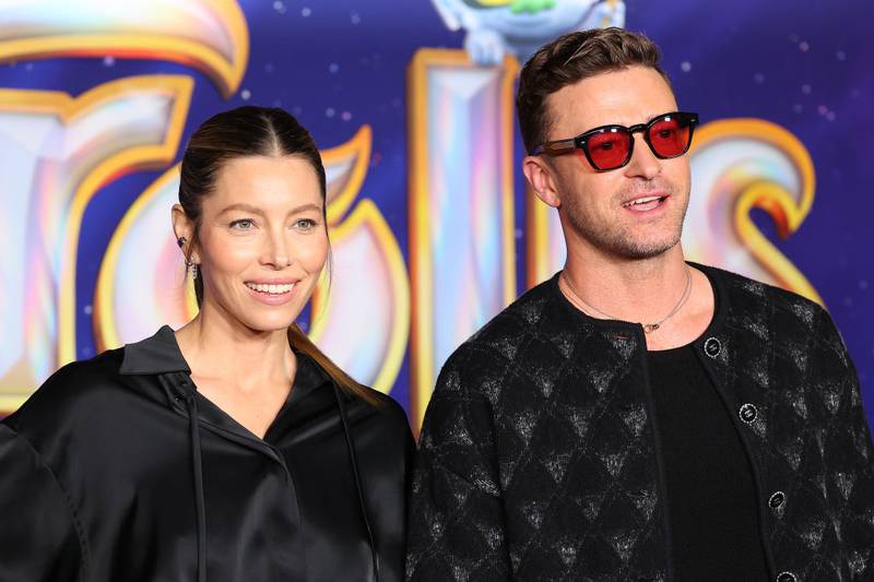 HOLLYWOOD, CALIFORNIA - NOVEMBER 15: (L-R) Jessica Biel and Justin Timberlake attend special screening of Universal Pictures' "Trolls: Band Together" - arrivals at TCL Chinese Theatre on November 15, 2023 in Hollywood, California. (Photo by Leon Bennett/Getty Images)